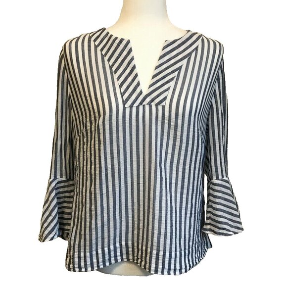 CHICO'S Fluted Sleeve Blouse Top Size 1 Cotton White Blue Striped Notch Neckline - Picture 2 of 7